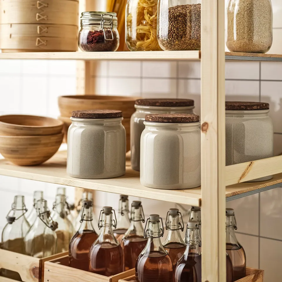 Shelf with glass and stoneware jars, wood bowls, and bottles. Jars store pasta, beans, and dried goods. Cork-lidded jars for airtight storage.