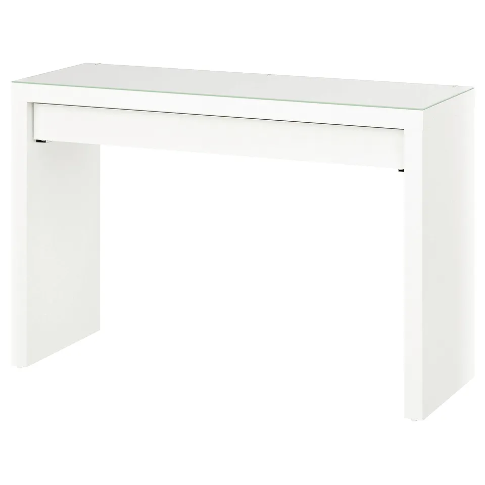 Modern white console table, minimalist design, rectangular glass top, clean lines.