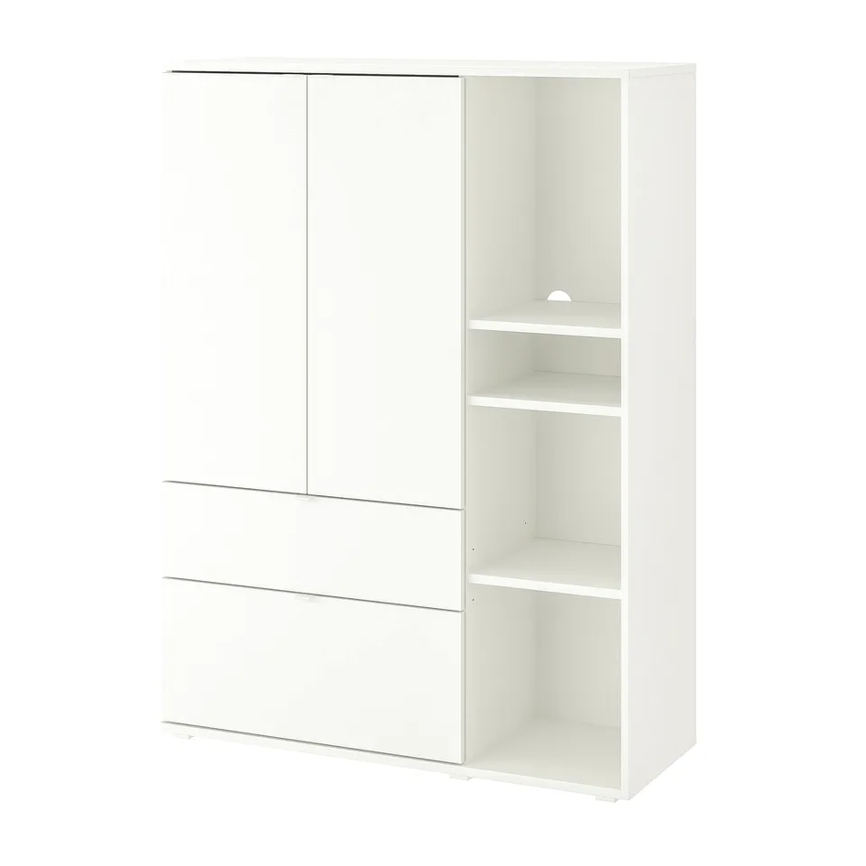 A white VIHALS storage unit featuring cabinet, drawers, and open shelves, combining concealed and open storage for a cohesive look.
