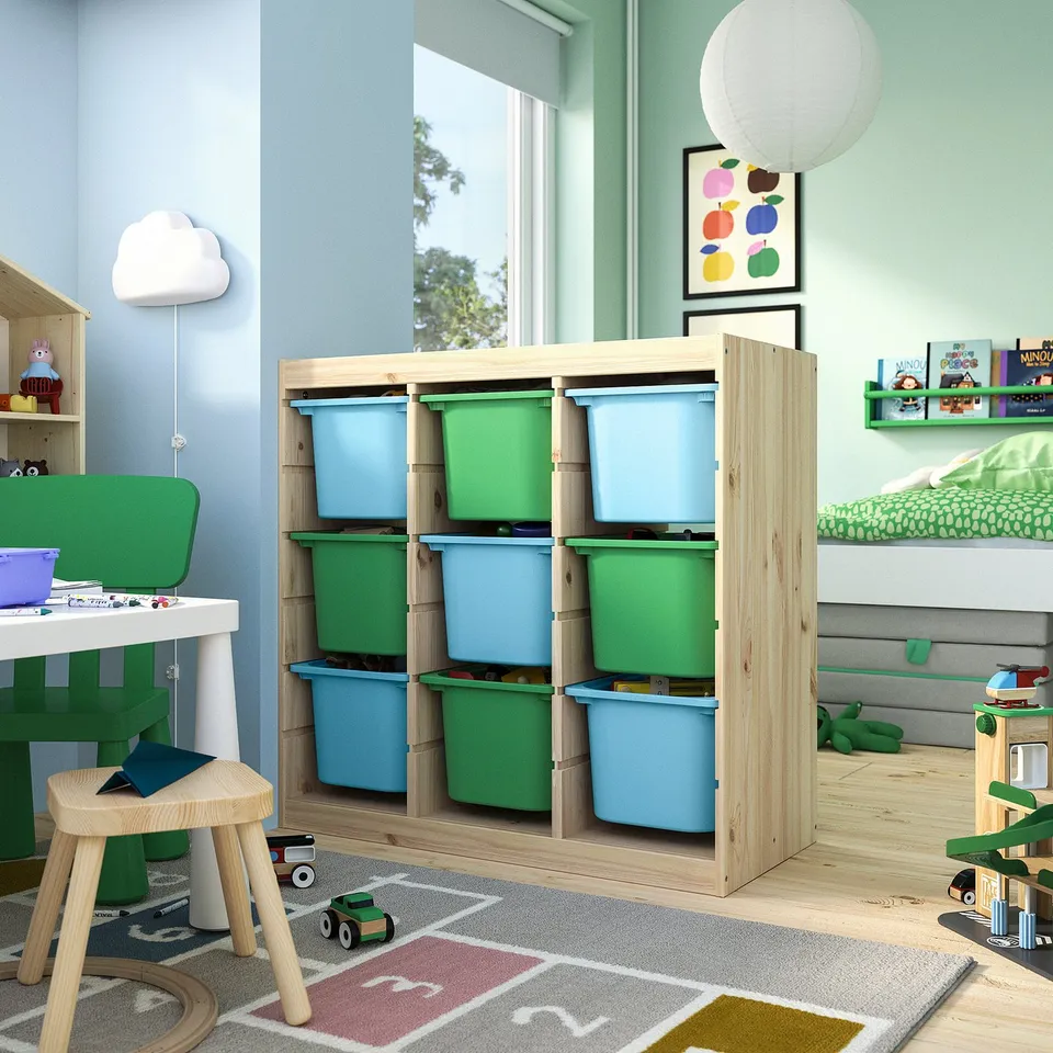TROFAST Storage combination with boxes, room divider light white stained pine/light blue bright green, 93x44x91 cm