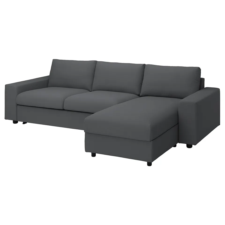 Grey u-shaped VIMLE sleeper sofa with dark legs, sturdy, modern design.