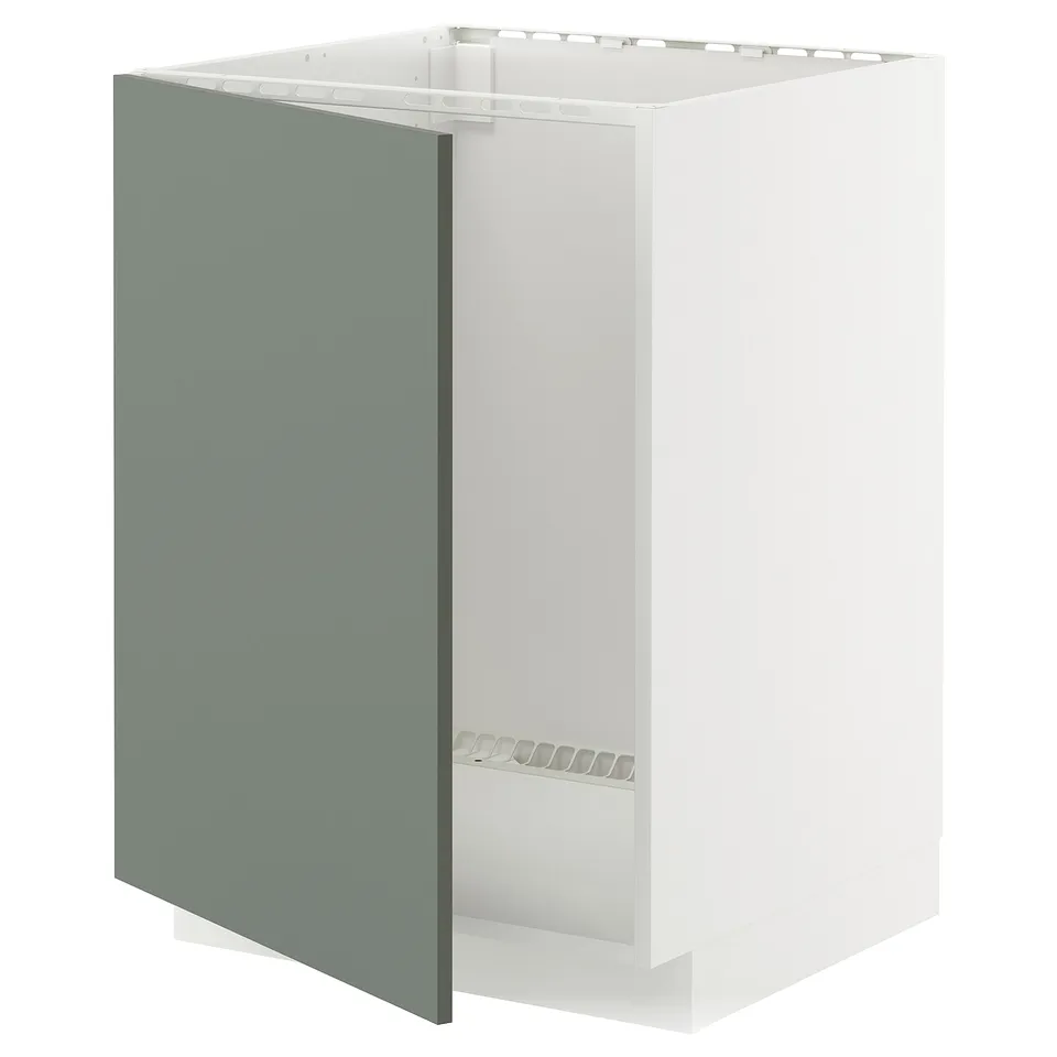 Displays a modern kitchen cabinet from the METOD series in a sleek, grey-green colour with a white interior.
