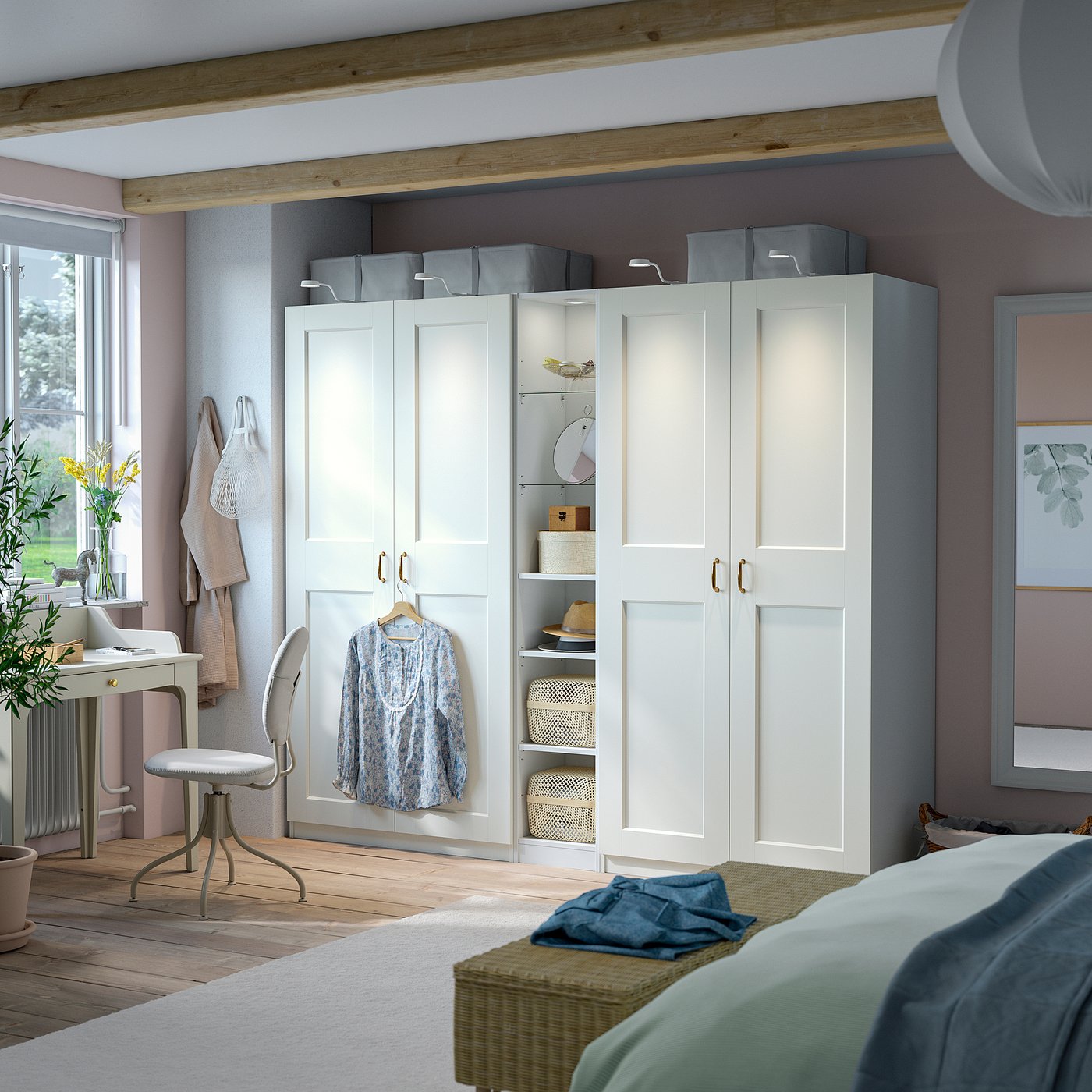 Modern bedroom with white PAX wardrobe, mixed storage, grey boxes, hanging shirt, desk, bed, blue bedding, wooden floor, natural light.