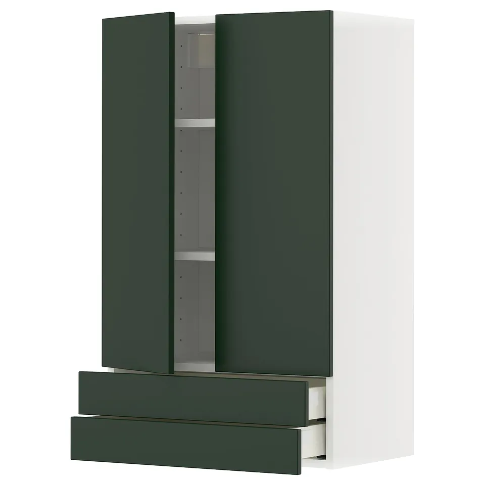 Modern green kitchen cabinet with drawers and shelves.