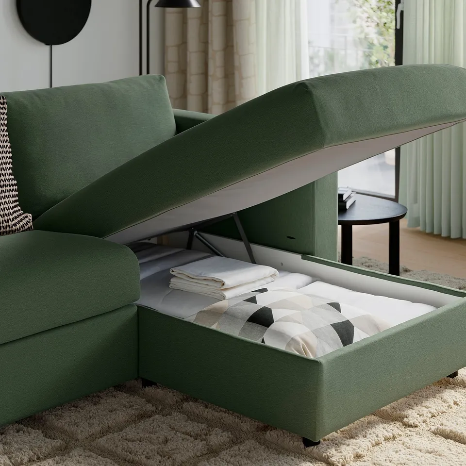 VIMLE 3-seat sofa with chaise longue, with wide armrests/Knäbäck grey-green