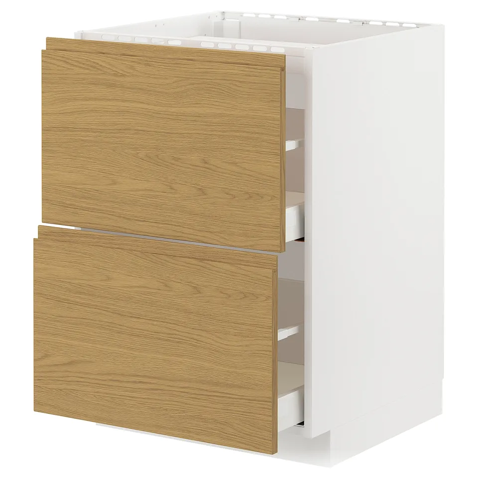 A white METOD kitchen cabinet with oak-colored drawers.