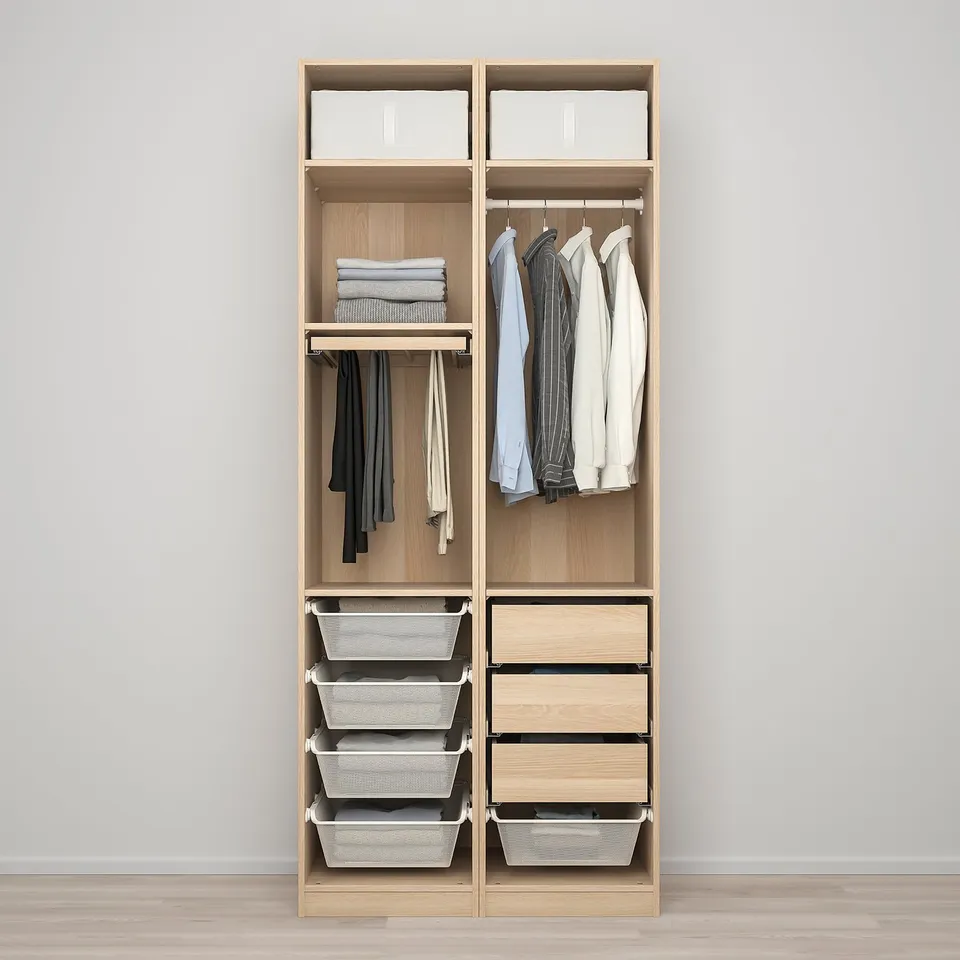 Wooden wardrobe organises clothes with drawers, baskets, and hanging space.