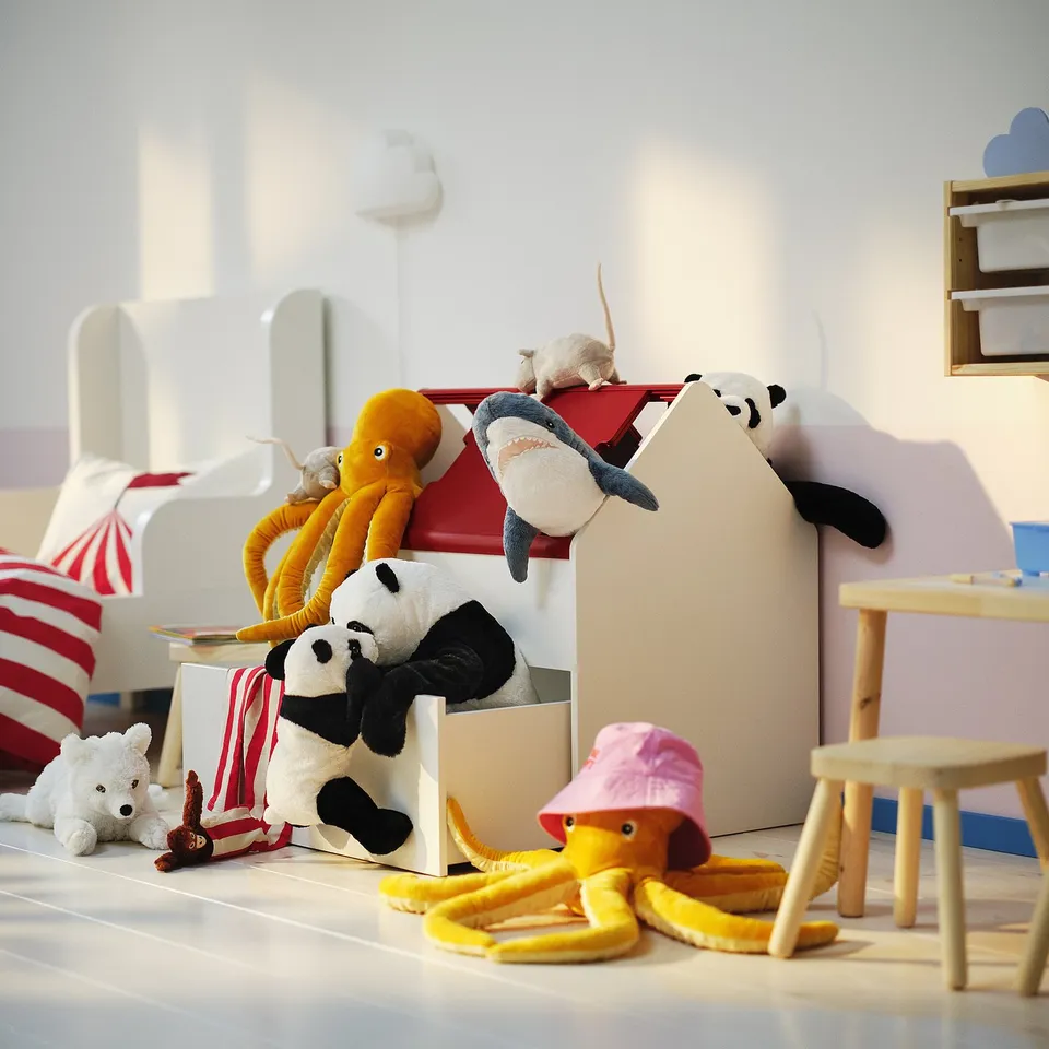 Red & white VITBJÖRN toy storage with drawer & stool. Perfect for kids playroom.