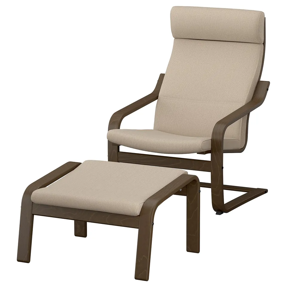 POÄNG recliner in beige corduroy with wooden frame and matching footstool, designed for comfort.