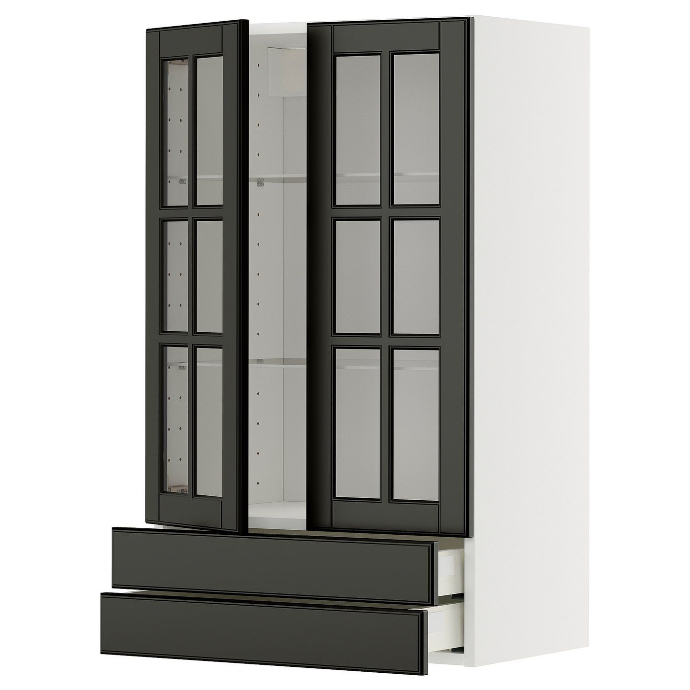 METOD / MAXIMERA wall cab w 2 glass doors/2 drawers, white/Bodbyn black, 60x100 cm