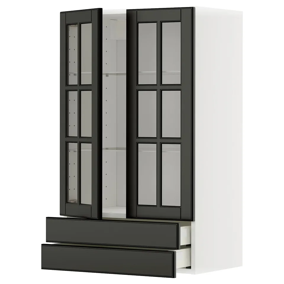 Modern black glass-doored kitchen cabinet with sleek drawer and white backdrop.