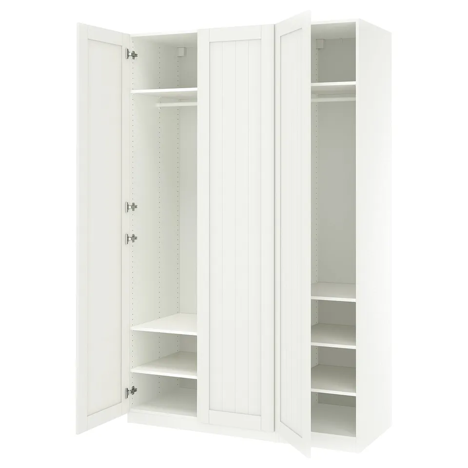A white ikea PAX wardrobe with open doors, revealing empty shelves and a hanging rod inside.
