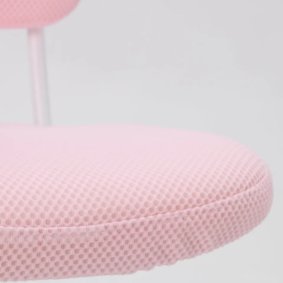Close-up of pink, textured, cushioned chair seat and back, part of an ergonomic junior chair.