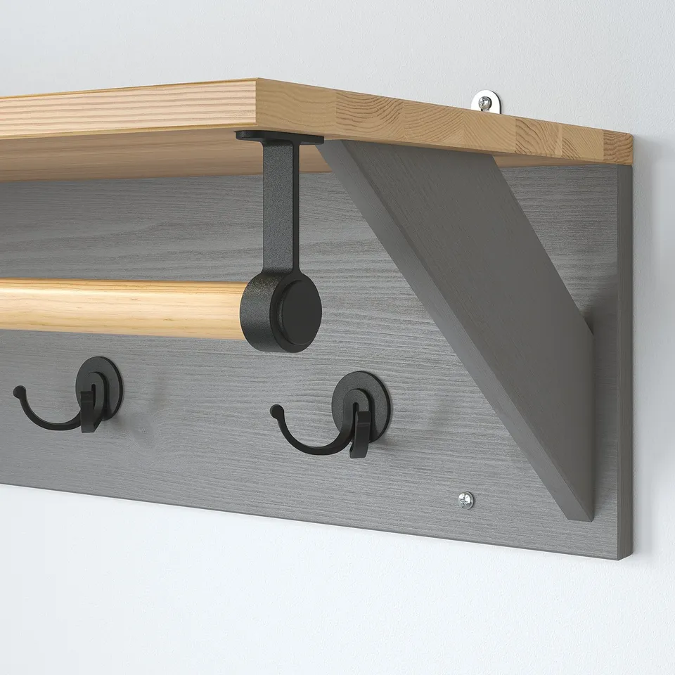 Wooden coat rack with 3 hooks & shelf, pine, natural finish, for hallways.