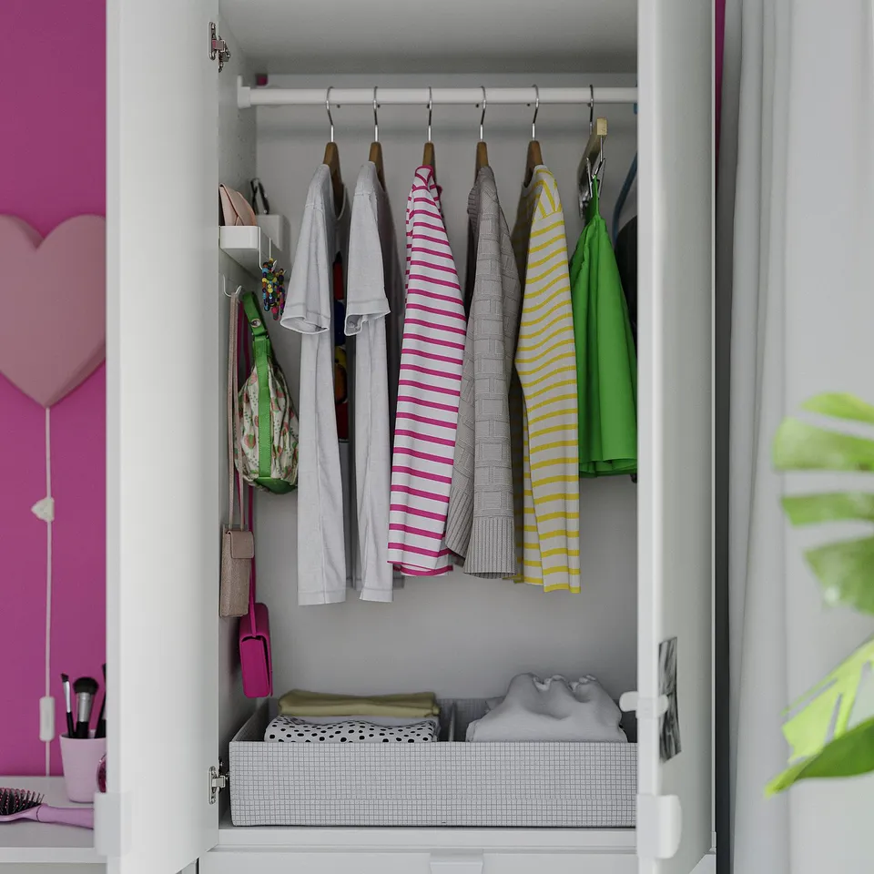A wardrobe with hanging clothes, a wall-mounted container, and a shelf showcasing the ALTARLIDEN hook racks storage and organisation functionalities.