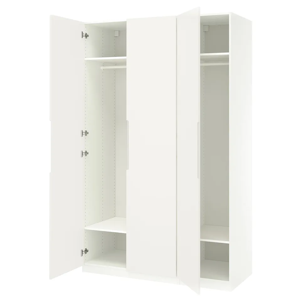White PAX wardrobe, tall, open doors reveal shelves and hanging rod, minimalist design.