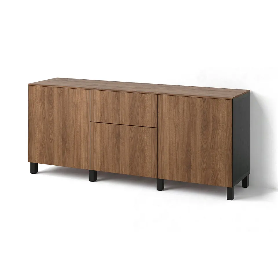 BESTÅ Storage combination with drawers, black-brown Lappviken/Stubbarp/brown walnut effect, 180x42x75 cm