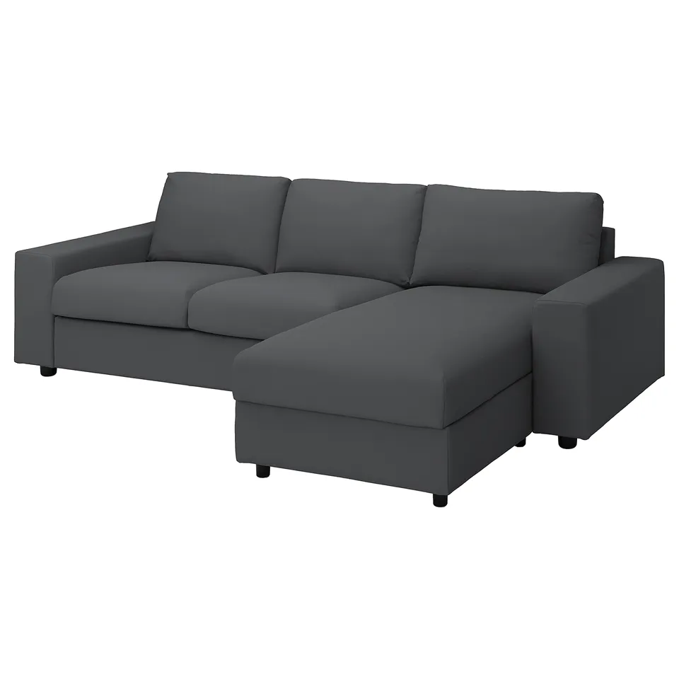 VIMLE sectional sofa. Dark grey, l-shape, modern design, soft fabric.