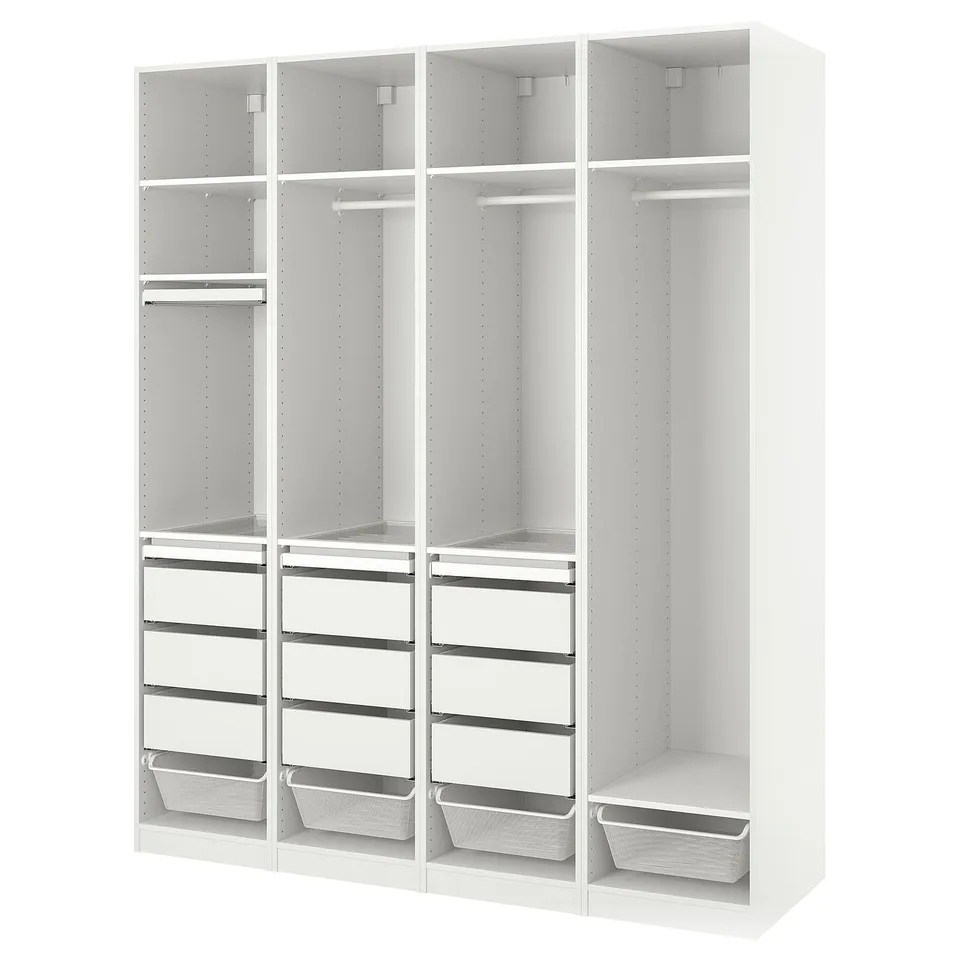 PAX wardrobe: white, four-section closet with shelves, drawers, and mesh baskets.