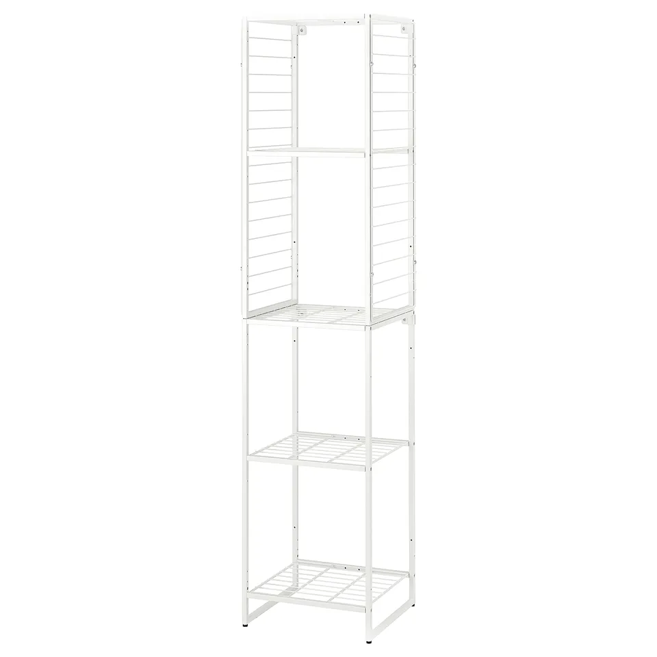 A white JOSTEIN metal shelving unit with three open shelves, ideal for storage in humid areas.