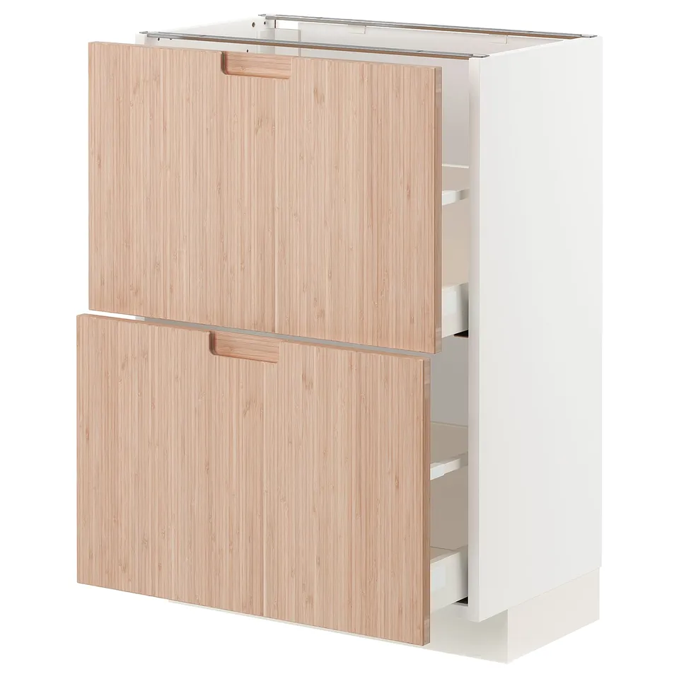 Modern white and bamboo kitchen cabinet, featuring two drawers and double doors.