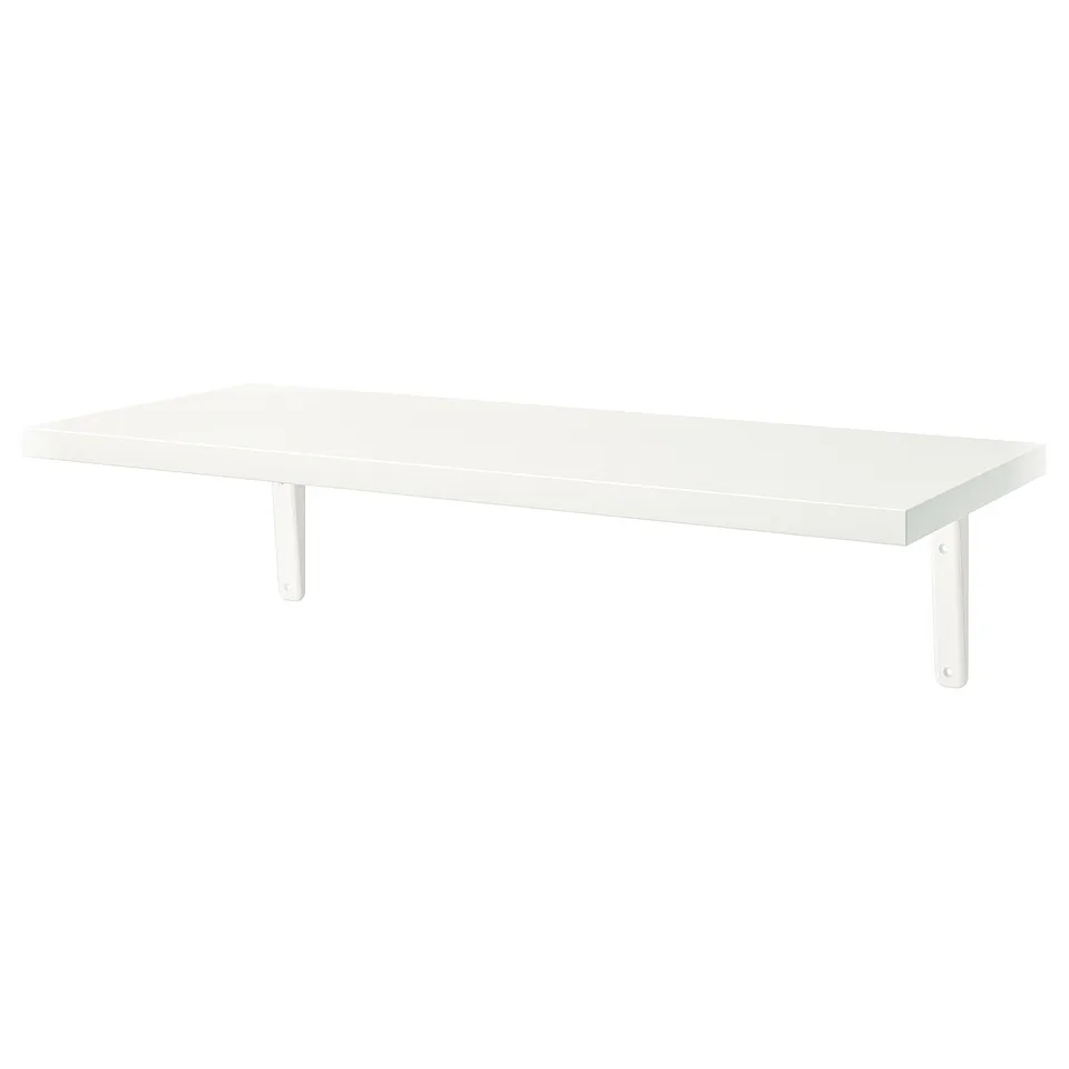 White BERGSHULT wall shelf, rectangular shape, bevelled edge, metal brackets.