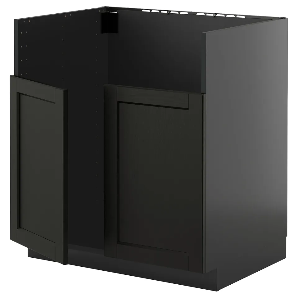 Black METOD cabinet, modern kitchen unit with dark stained ash door, wooden texture, rectangular shape.