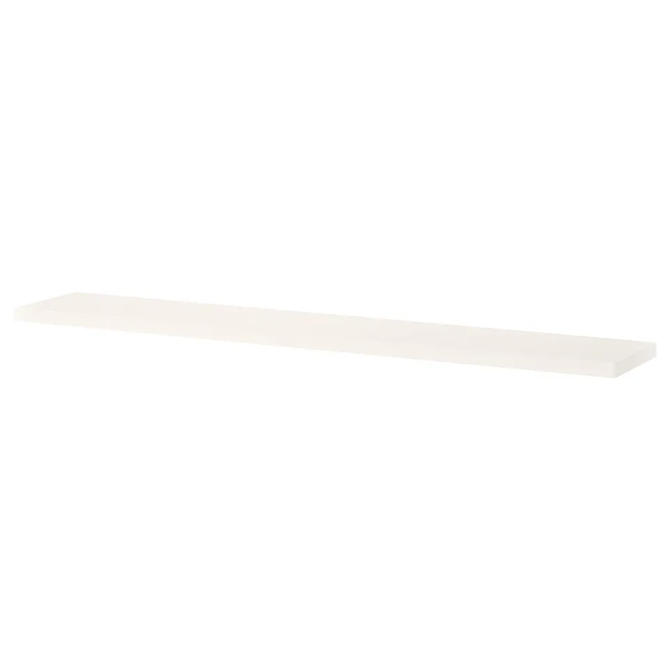 A white, rectangular shelf with a bevelled and smooth edge.