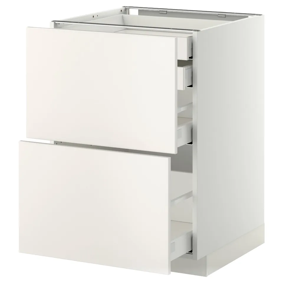 White ikea METOD kitchen cabinet, modern design with open drawers.