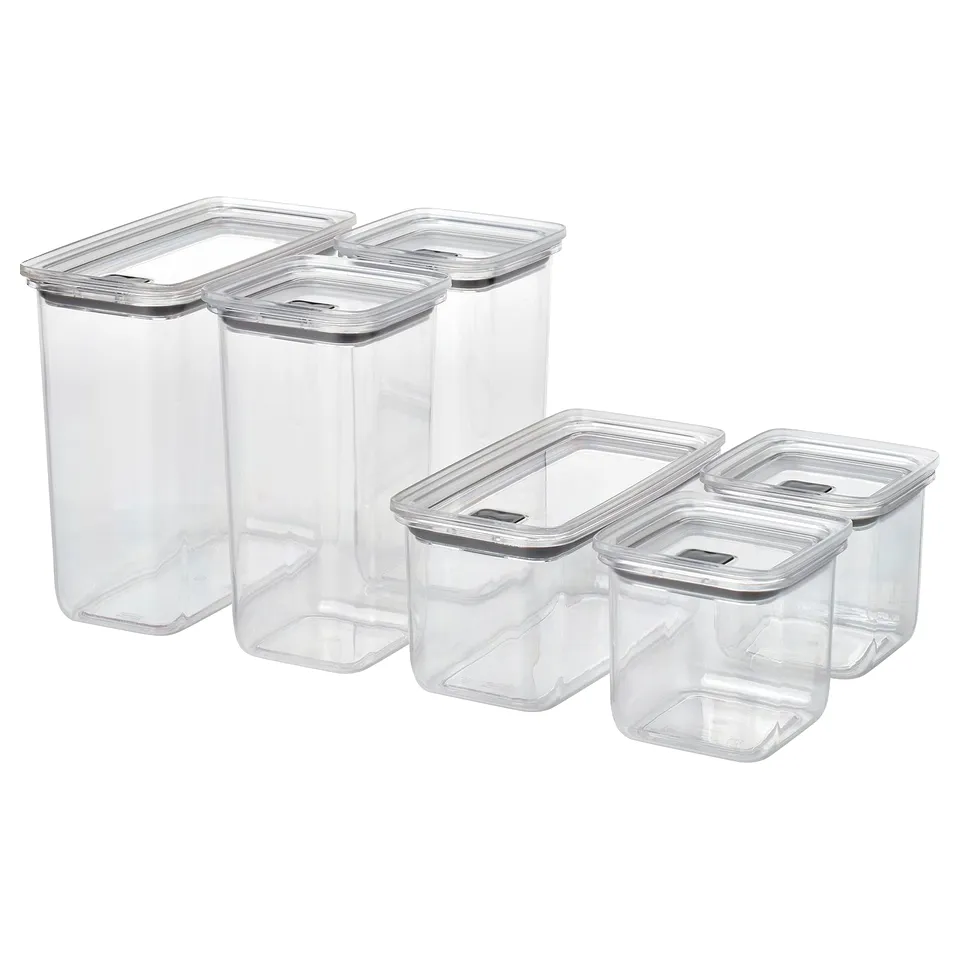 Translucent plastic storage jars, silver lids, square shape, airtight seal.