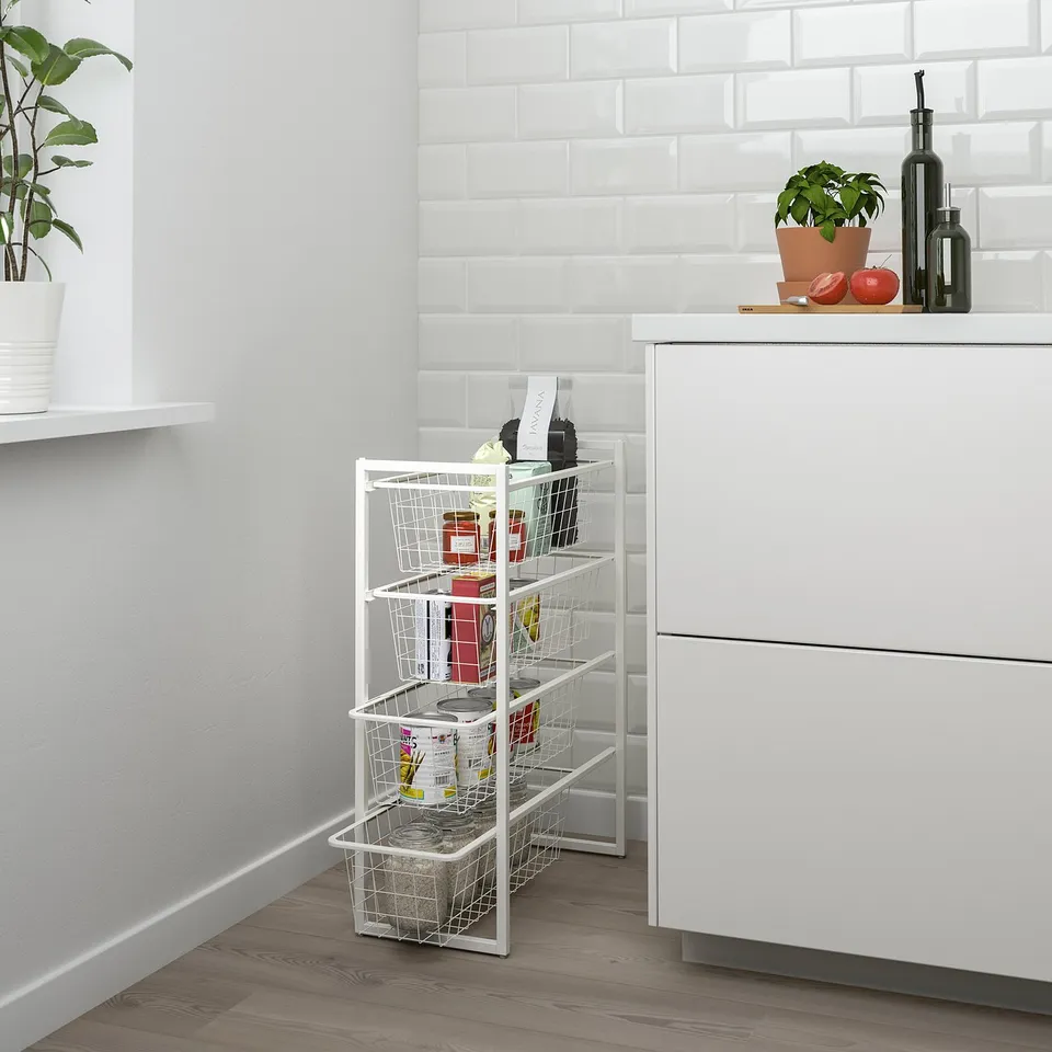 JONAXEL white storage unit with baskets beside kitchen cabinets, near countertop