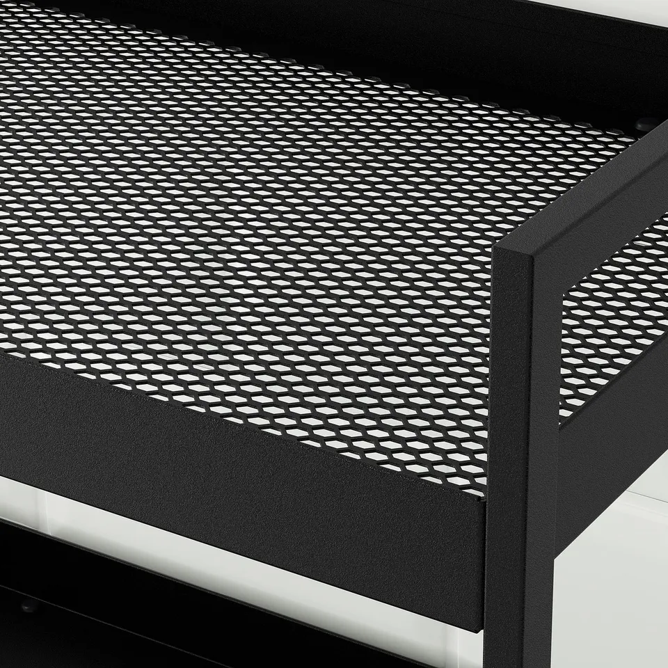 Black metal trolley with perforated shelf; sturdy, compact, and functional design.