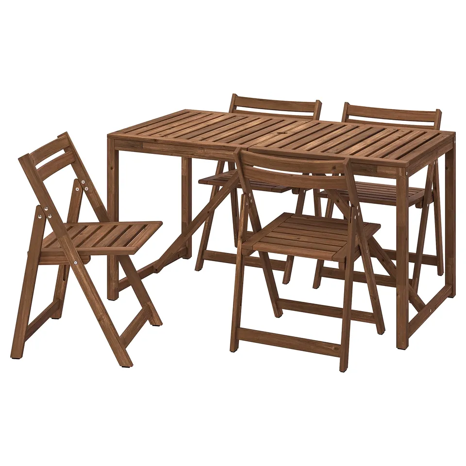 Brown outdoor furniture set includes a square table and four folding chairs made of acacia wood with a natural finish, perfect for patio use.