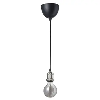 JÄLLBY / MOLNART pendant lamp with light bulb, textile nickel-plated/globe grey clear glass