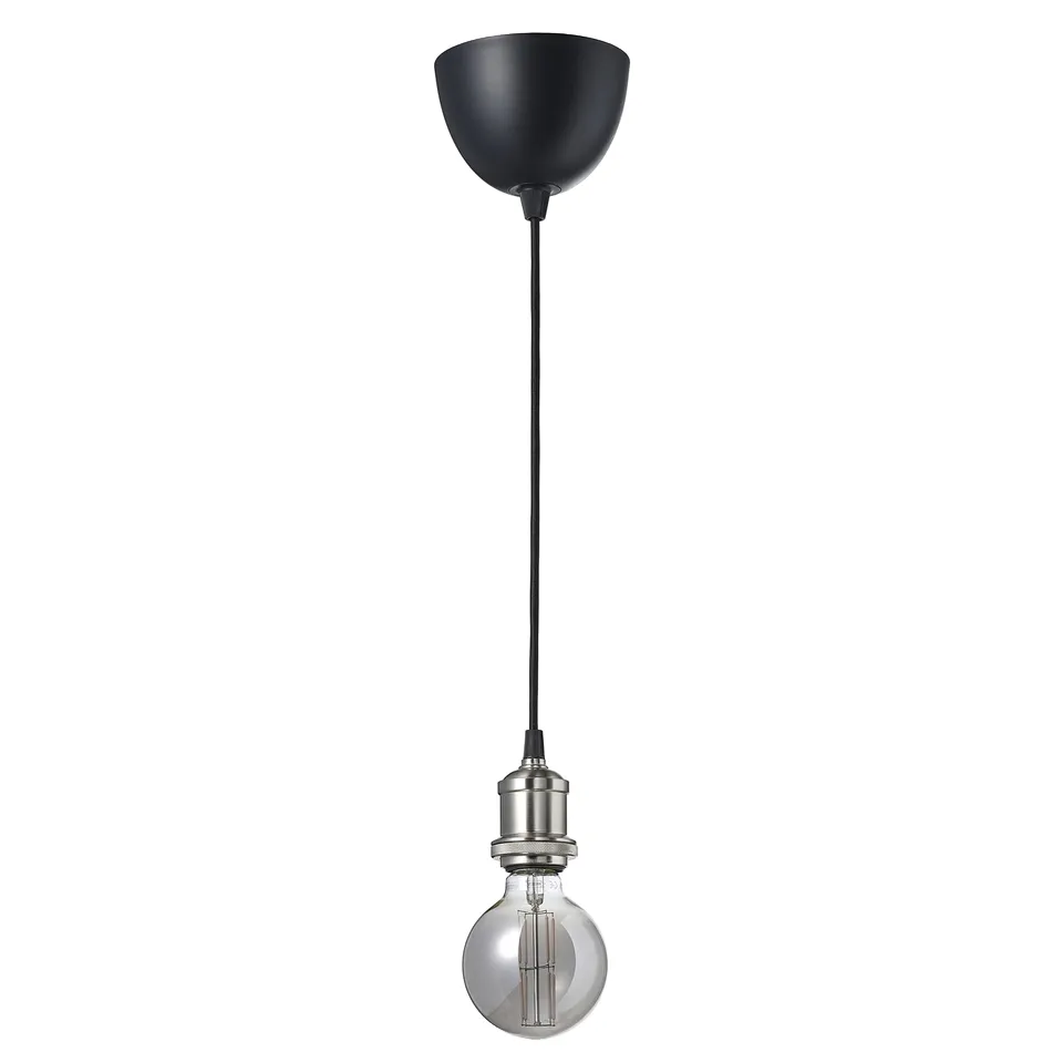 JÄLLBY pendant: black cord, silver, smoked glass.