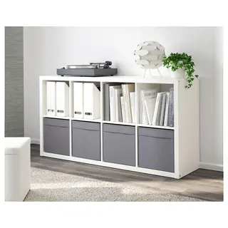 DRÖNA/KALLAX set: shelving unit + box x4, white + dark grey, Width 76.5 x Depth 39 x Height 146.5 cm