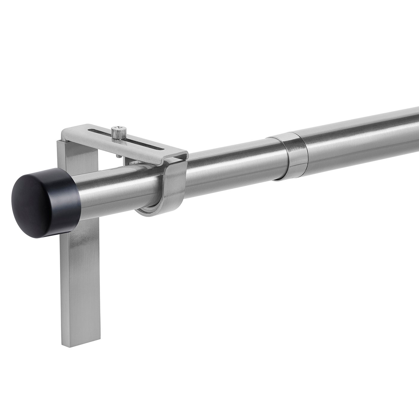 Adjustable stainless steel curtain rod with black finial, showcasing flexible length and modern design.