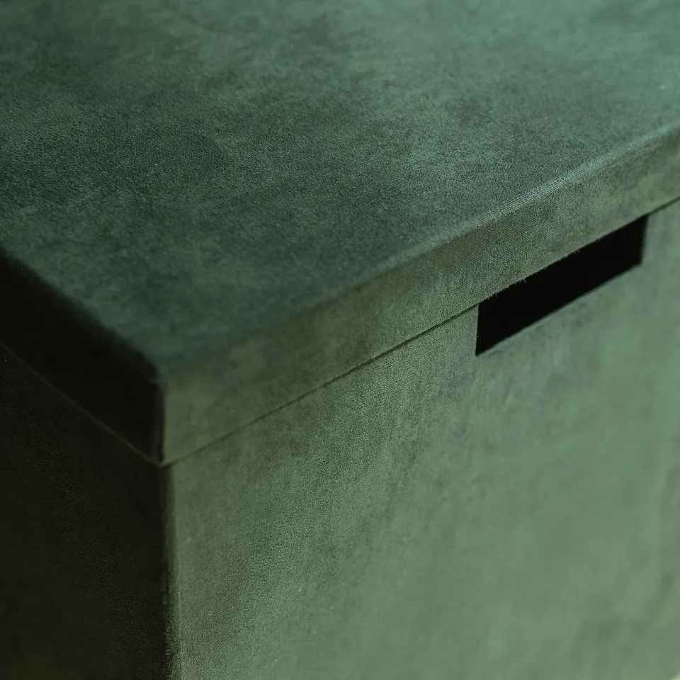 Soft green velvet box with cut-out handle, high quality finish, displayed storage solution.