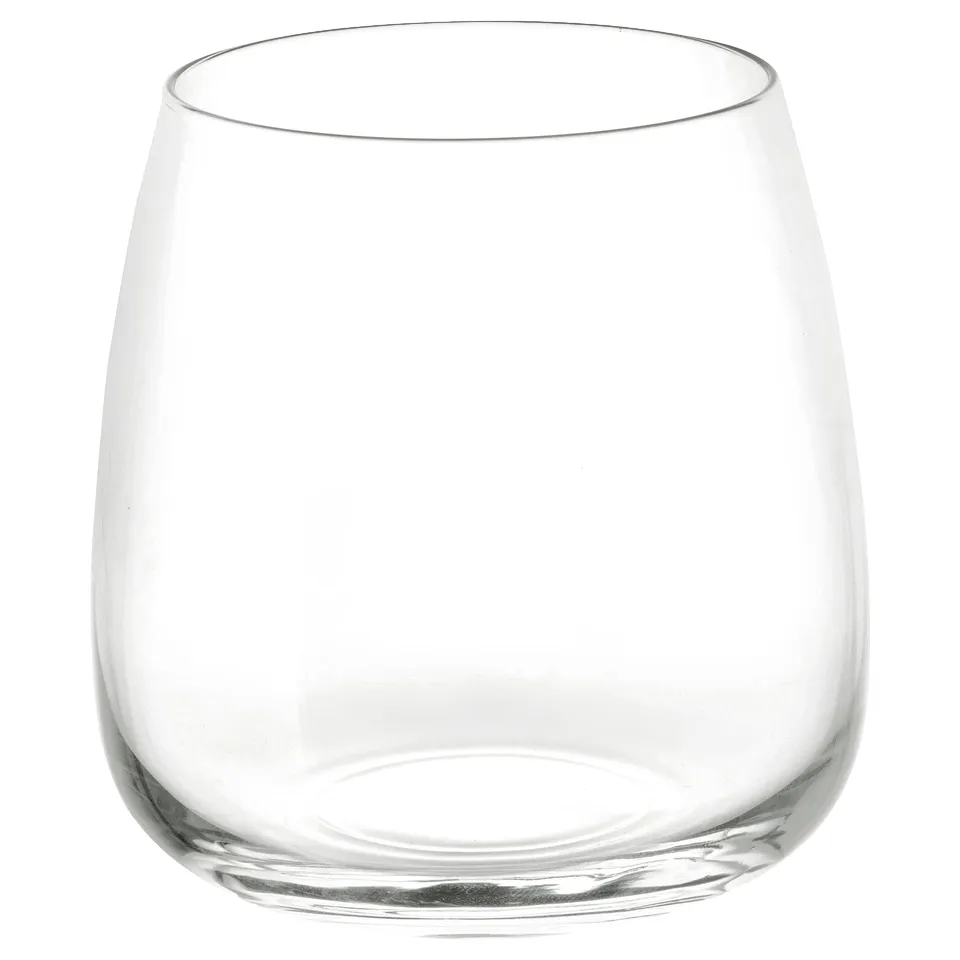Single clear glass wine goblet with rounded shape and smooth edge, no decorations. Perfect for elegant occasions.