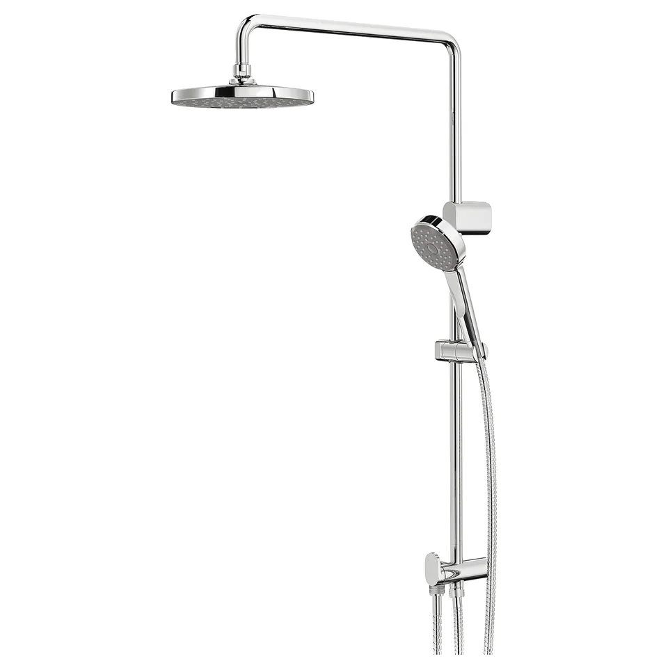 Shiny chrome shower system with rainfall showerhead and handheld unit on a sliding rail.