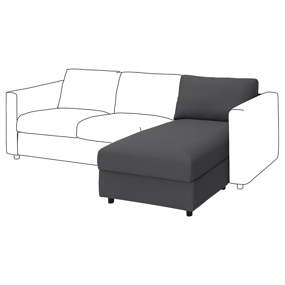 The VIMLE sectional sofa is grey, modern, and clean lines with a chaise lounge and storage.