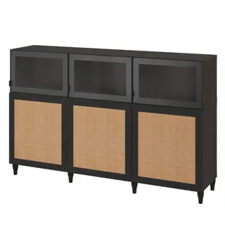 BESTÅ Sideboard, black-brown/GLASSVIK black/clear glass/STUDSVIKEN dark brown/woven poplar
