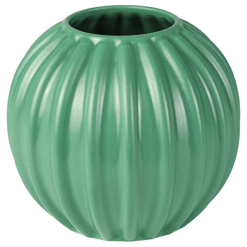 SKOGSTUNDRA green vase, rounded shape, ribbed texture, glazed stoneware.