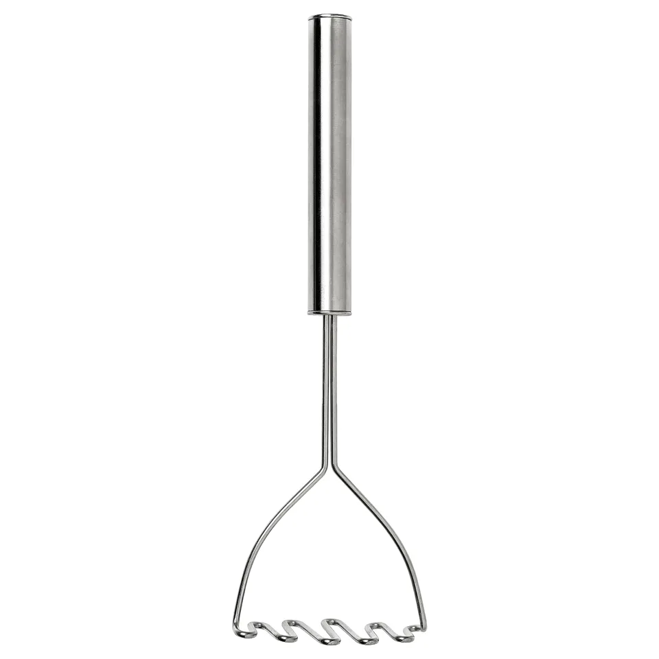 A silver KONCIS potato masher with a long handle and a simple, functional design. It has a sturdy, stainless steel body.