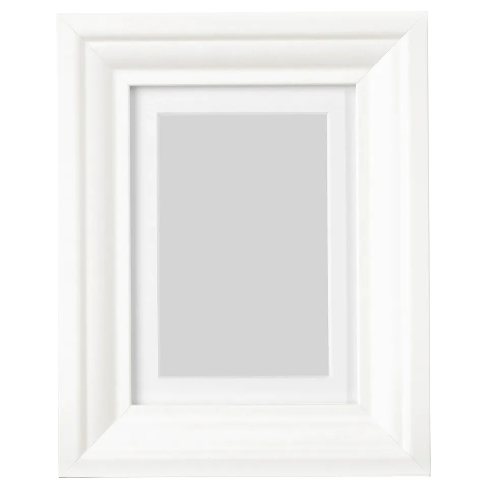 A white picture frame, rectangular, with a sleek design and plastic front protection.