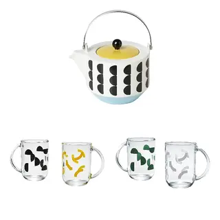 teapot x1 + mug x4 set: teapot + mug + mug, mixed colours + mixed colours yellow/black + mixed colours white/green, Height 14 cm