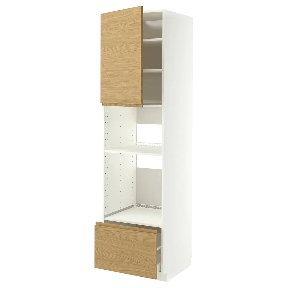 METOD kitchen unit with oak-white cabinets, open shelf and drawer, vertical design.