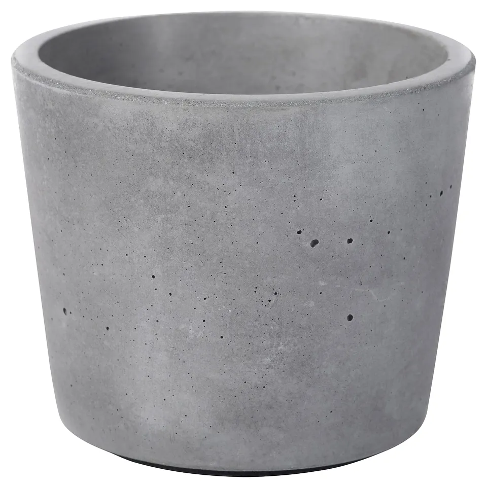 Round grey concrete planter, indoor/outdoor use, unique texture, soft feet.