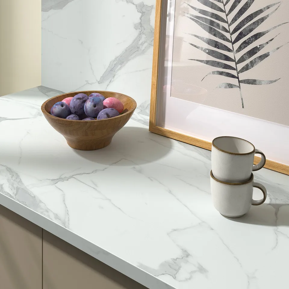 EKBACKEN Worktop, white marble effect/laminate, 246x2.8 cm