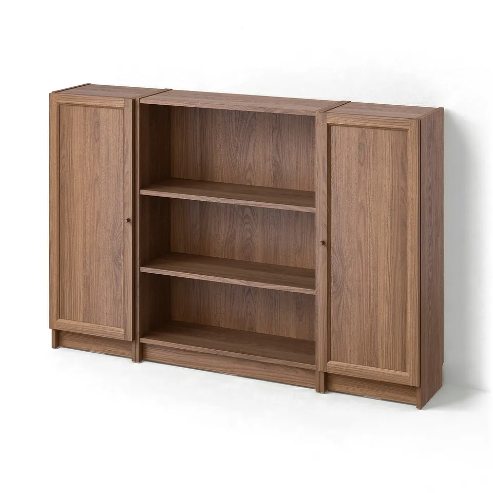 BILLY walnut bookcase, blend of open & closed storage, wooden texture, rectangular design, modern minimalist style.